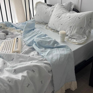 Summer comforter ribbon pattern lace washed cotton duvet cover set 2 sizes