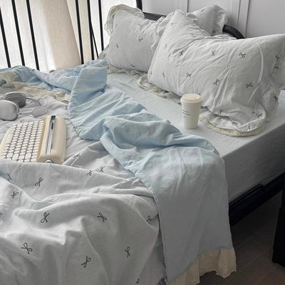 Summer comforter ribbon pattern lace washed cotton duvet cover set 2 sizes