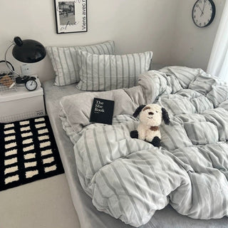 Gray Stripe Fluffy Flannel Duvet Cover Set