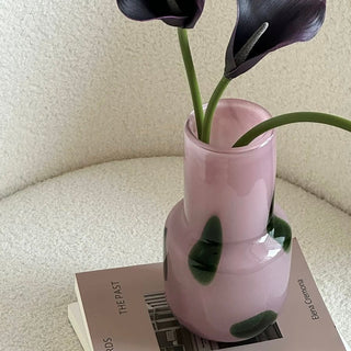 Green polka dot pink glass flower vase