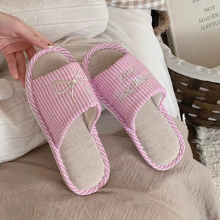 Ribbon embroidered striped linen room shoes  3 sizes indoor slippers.