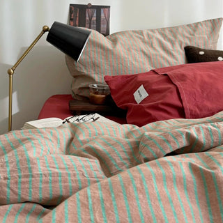 Red Beige Pin Stripe Cotton Duvet Cover Set 2 Sizes  All Seasons