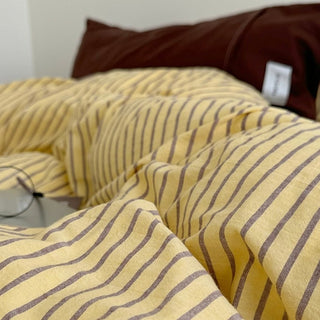 Yellow Brown Pin Stripe Cotton Duvet Cover Set 2 Sizes  All Seasons