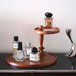 Natural Wood Movable Two-Tier Round Tray Storage