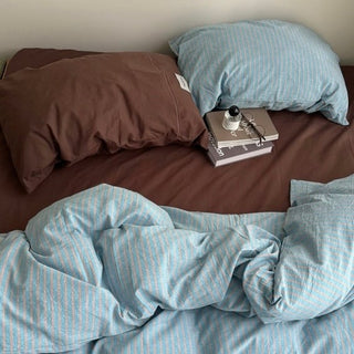 Blue Brown Pin Stripe Cotton Duvet Cover Set 2 Sizes  All Seasons