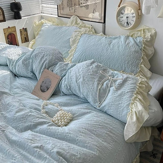 Frill Washed Cotton Duvet Cover Set  Blue Bed Cover