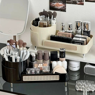 degree rotating brush stand with woven-style cosmetic storage tray