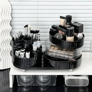 360 Degree Rotating Brush Stand with Sliding Cosmetic Storage Tray