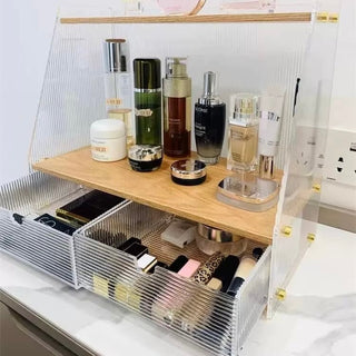 Clear x Wood Grain Cosmetic Storage Rack with Drawers