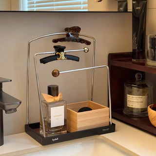 Stainless steel accessory stand with wood-grain tray for storage small item holder perfume storage.