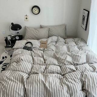 Greige White Stripe Cotton Duvet Cover Set  All Season