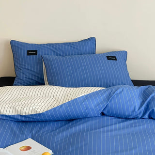 Blue Double-Sided Stripe Cotton Duvet Cover Set   Bed Cover  All Seasons