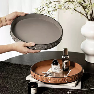Braided Geometric Pattern Leather Round Tray  Storage