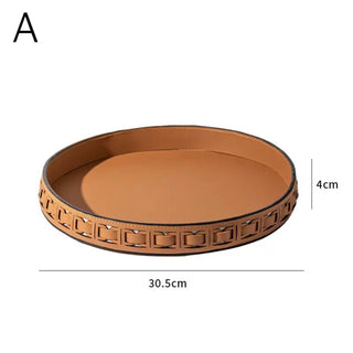 Braided Geometric Pattern Leather Round Tray  Storage