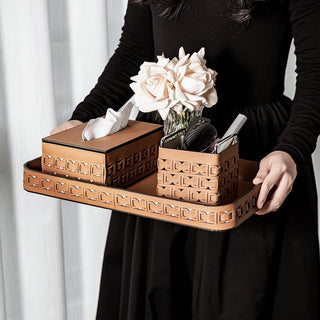 Piece Set: Braided Geometric Pattern Leather Tray Tissue Box Small Item Holder  Storage Brush Stand