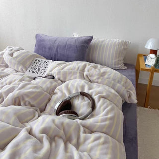 Purple Stripe Milk Velvet Winter Duvet Cover Set