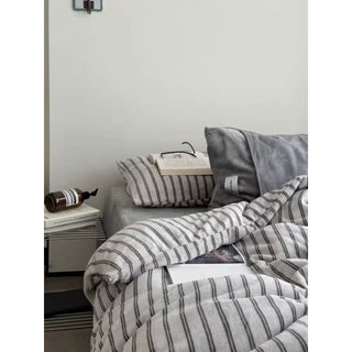 Gray Double Stripe Milk Velvet Winter Duvet Cover Set