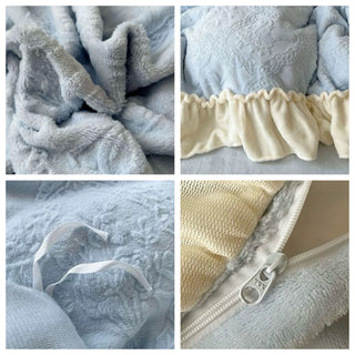 Blue Ribbon Bouquet Pattern Milk Velvet Winter Thick Duvet Cover Set