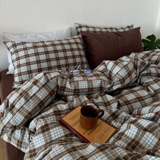 Brown Sheets Checkered Pattern Cotton Duvet Cover Set  All Seasons