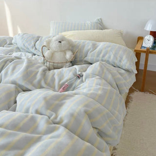 Light Blue Stripe Milk Velvet Winter Duvet Cover Set