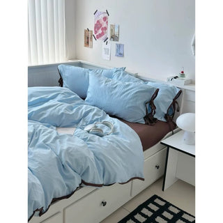 Blue Side Ribbon Solid Color Piping Duvet Cover Set 2 Sizes  Bed Cover All Seasons Year-Round