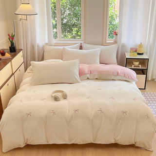 Ribbon embroidery two-tone milk velvet winter duvet cover set