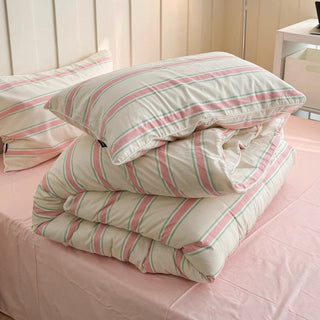 Pink Mixed Color Wide Stripe Cotton Duvet Cover Set 2 Sizes  All Seasons
