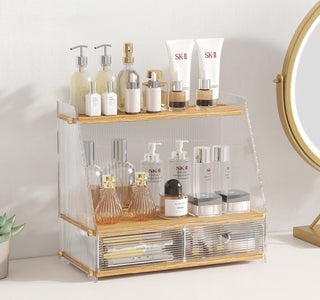 Clear x Wood Grain Cosmetic Storage Rack with Drawers