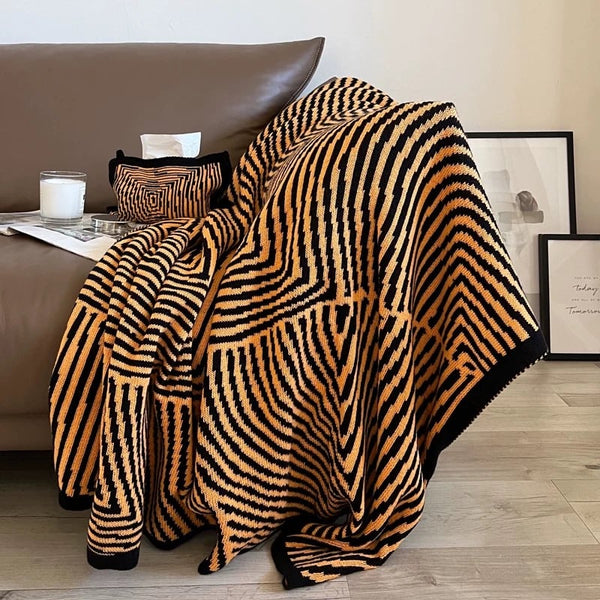 Orange Black Geometric Pattern Knit Blanket 120 x 160cm Lap Blanket
