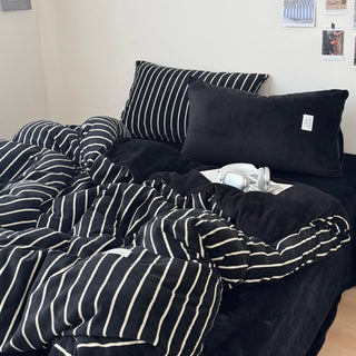 Dark Color Pinstripe Milk Velvet Winter Duvet Cover Set