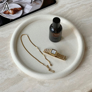 PU Leather Round Oval Simple Accessory Tray  Ivory Beige