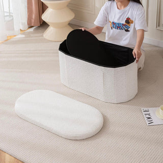 Folding Oval Boucle Storage Stool  Ottoman Bench Stool Storage Storage Box