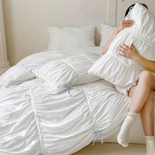 White Gathered Romantic Ribbon Duvet Cover Set  All Seasons