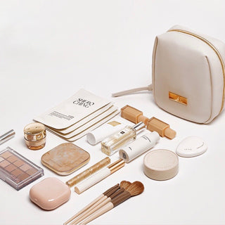 Square-shaped makeup and cosmetic storage pouch self-standing medium size white