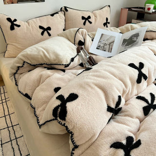 Faux Fur Black Ribbon Pattern Winter Duvet Cover Set