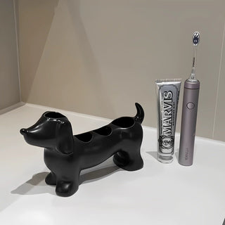 Dachshund motif ceramic toothbrush holder dog-themed storage bathroom sink.