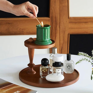Natural Wood Movable Two-Tier Round Tray Storage