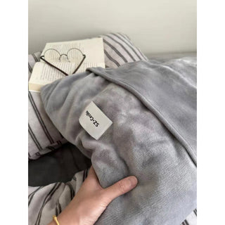 Gray Double Stripe Milk Velvet Winter Duvet Cover Set