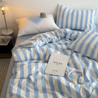 Blue and White Wide Stripe Cotton Duvet Cover Set   Bed Cover  All Seasons