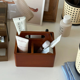 Handle-equipped wooden divider storage mini box for cosmetics