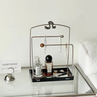 Stainless steel accessory stand with wood-grain tray for storage small item holder perfume storage.