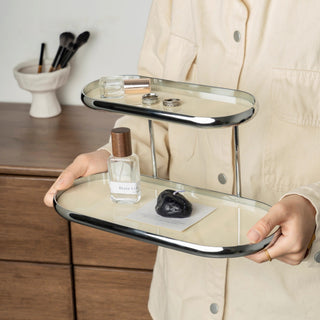 Silver Frame Oval Two-Tier Trayin  Storage Rack Monotone