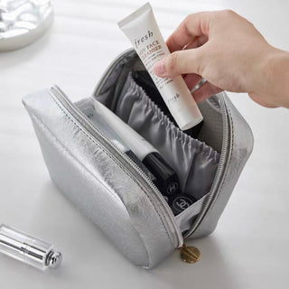 Simple Leather Rectangular Cosmetic Storage Pouch Waterproof Silver Small