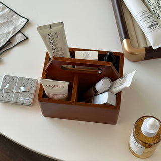 Handle-equipped wooden divider storage mini box for cosmetics