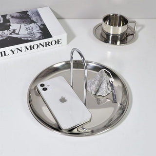 Stainless steel arched round tray with handle silver