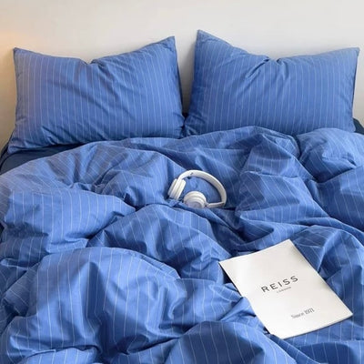 Blue and White Pinstripe Cotton Duvet Cover Set   Bed Cover  All Seasons