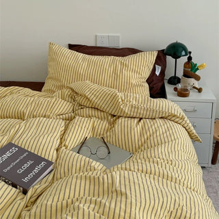 Yellow Brown Pin Stripe Cotton Duvet Cover Set 2 Sizes  All Seasons