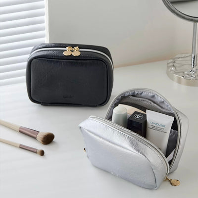 Simple Leather Rectangular Cosmetic Storage Pouch Waterproof Silver Small