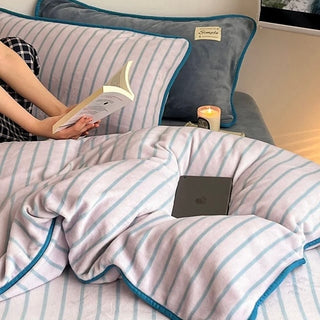 Blue Stripe Piping Thick Milk Fleece Winter Duvet Cover Set