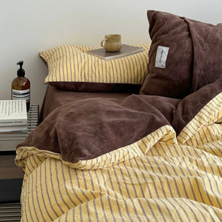 Yellow Brown Pin Stripe Cotton Fleece Winter Duvet Cover Set